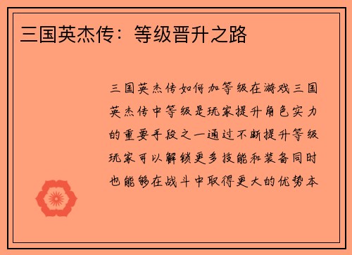 三国英杰传：等级晋升之路